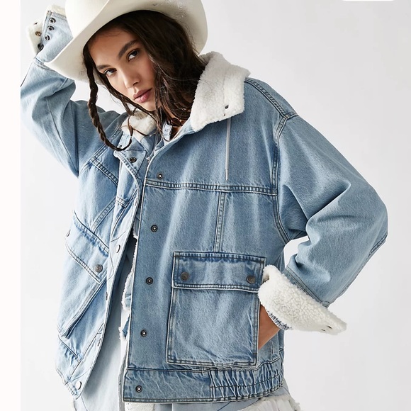 Free People Ariel Cozy Denim Bomber Jacket